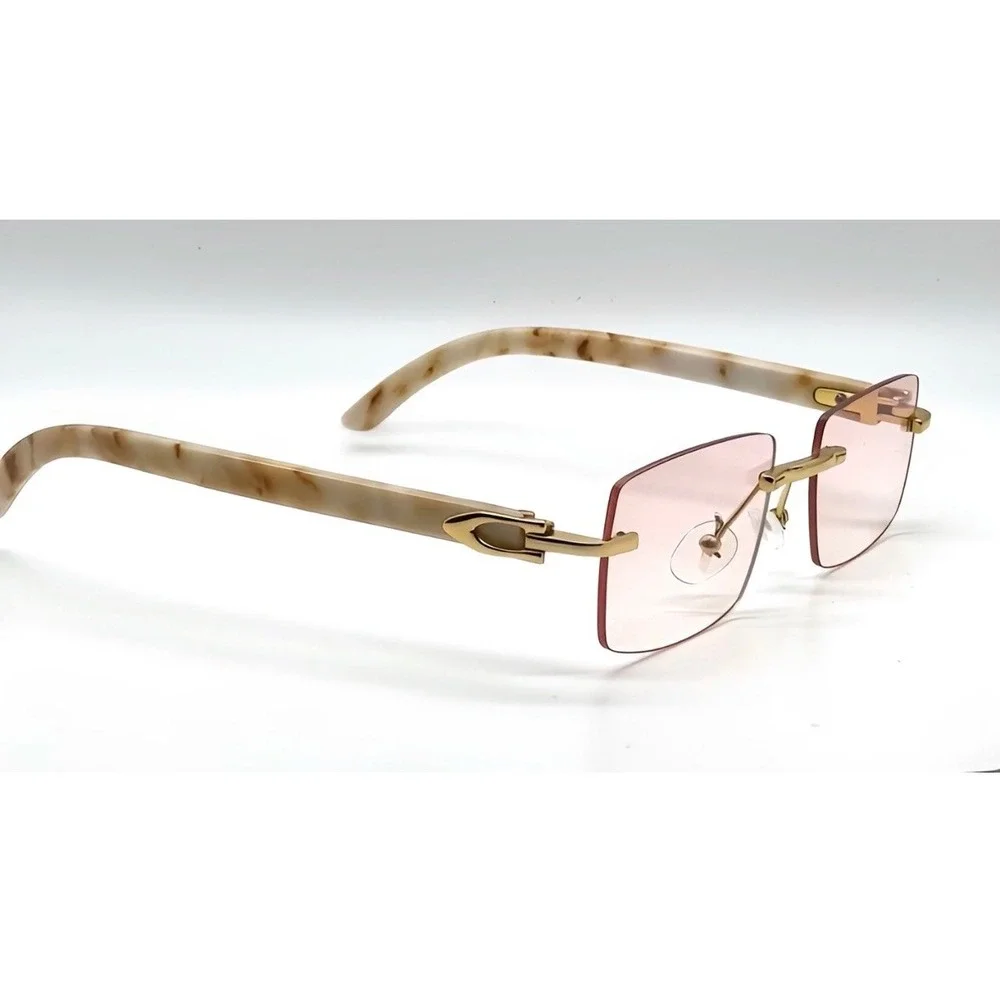 Mens Rimless Rectangle Sunglasses‎ Gold Pink Gradient Lens Marble C-Decor Hinge